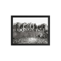 Destroying Bootleg Liquor - Prohibition Agents smashing bottles of seized bootleg whiskey and beer, 1923 framed print on a plain backdrop in size 12"x16".