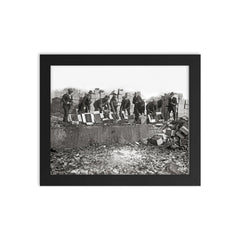 Destroying Bootleg Liquor - Prohibition Agents smashing bottles of seized bootleg whiskey and beer, 1923 framed print on a plain backdrop in size 8"x10".