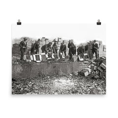 Destroying Bootleg Liquor - Prohibition Agents smashing bottles of seized bootleg whiskey and beer, 1923 poster on a plain backdrop in size 8"x10".