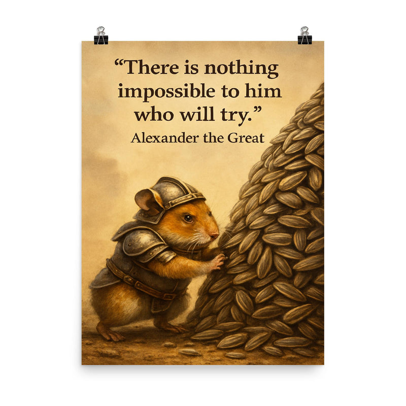 determined hamster in armor moving sunflower seed mountain inspiring alexander the great quote post poster on a plain backdrop in size 8