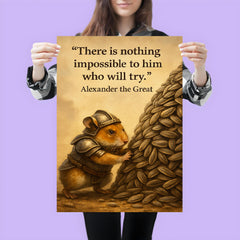 determined hamster in armor moving sunflower seed mountain inspiring alexander the great quote post poster 3