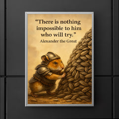 determined hamster in armor moving sunflower seed mountain inspiring alexander the great quote post poster 5
