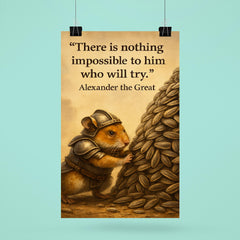 determined hamster in armor moving sunflower seed mountain inspiring alexander the great quote post poster 6