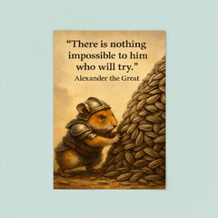 determined hamster in armor moving sunflower seed mountain inspiring alexander the great quote post poster 8
