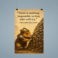 determined hamster in armor moving sunflower seed mountain inspiring alexander the great quote post poster 9