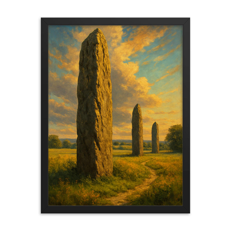 Devil's Arrows England framed print on a plain backdrop in size 18