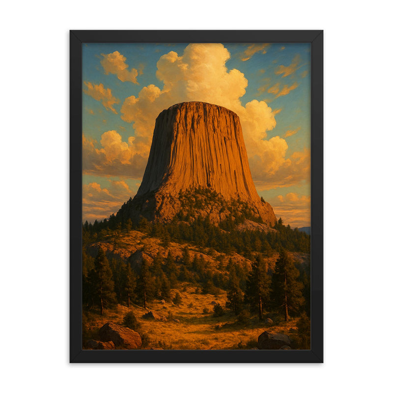 Devil's Tower Wyoming USA framed print on a plain backdrop in size 18
