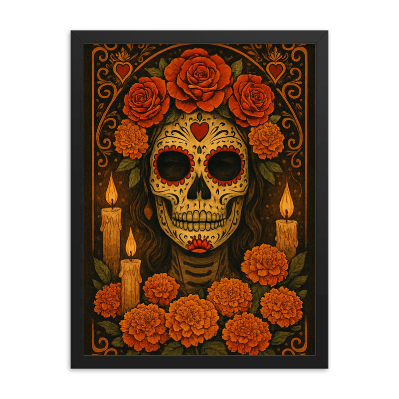 Dia de muertos design framed print on a plain backdrop in size 18