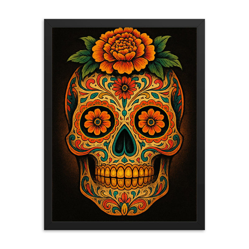 Dia de muertos skull framed print on a plain backdrop in size 18