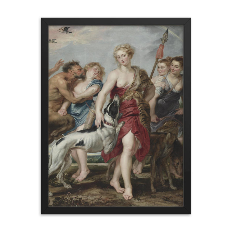 Diana and Her Nymphs Departing for the Hunt by Peter Paul Rubens framed print on a plain backdrop in size 18