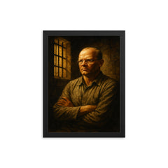 Dietrich Bonhoeffer in prison cell resolve framed print on a plain backdrop in size 12"x16".