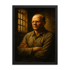 Dietrich Bonhoeffer in prison cell resolve framed print on a plain backdrop in size 18"x24".