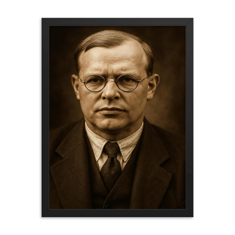 Dietrich Bonhoeffer portrait framed print on a plain backdrop in size 18