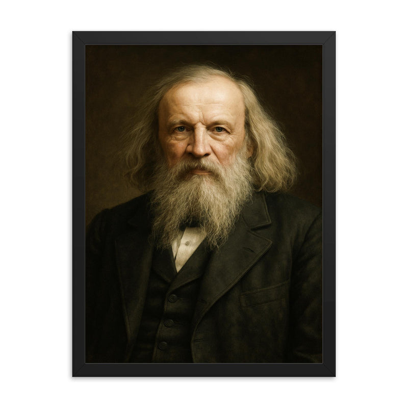 Dimitri Mendeleev portrait framed print on a plain backdrop in size 18