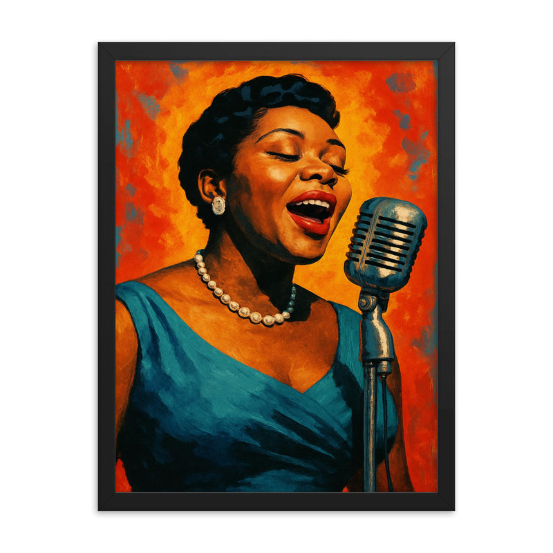Dinah Washington framed print on a plain backdrop in size 18