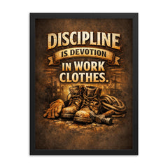 Discipline is devotion in work clothes framed print on a plain backdrop in size 18"x24".
