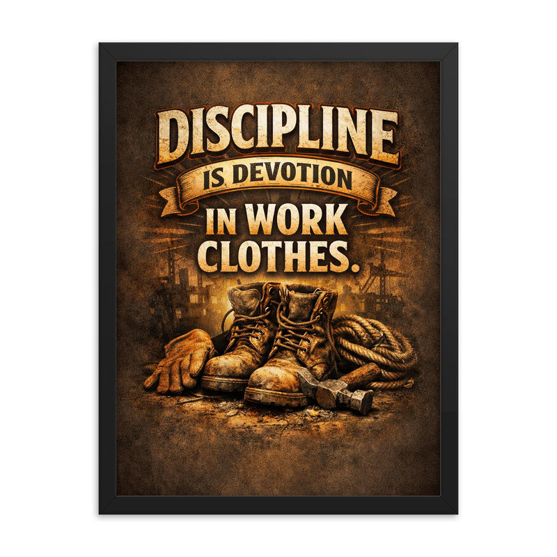 Discipline is devotion in work clothes framed print on a plain backdrop in size 18