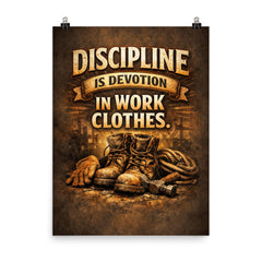 Discipline is devotion in work clothes poster on a plain backdrop in size 8"x10".