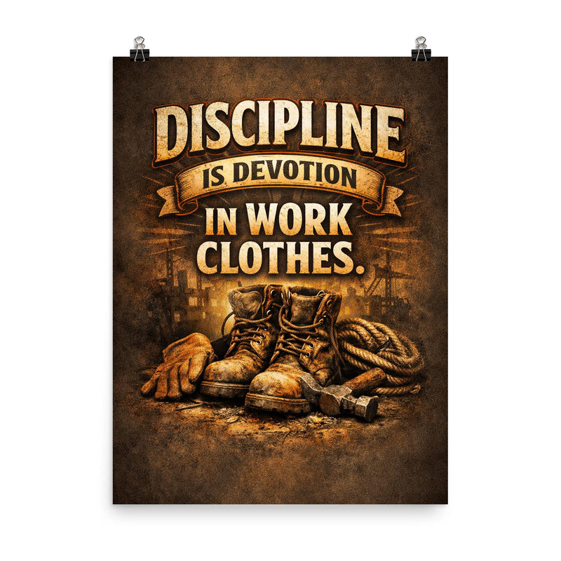 Discipline is devotion in work clothes poster on a plain backdrop in size 8