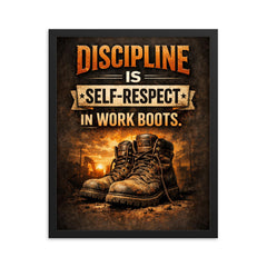 Discipline is self respect in work boots framed print on a plain backdrop in size 16"x20".