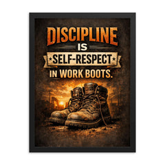 Discipline is self respect in work boots framed print on a plain backdrop in size 18"x24".