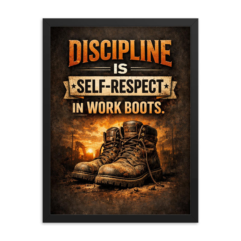 Discipline is self respect in work boots framed print on a plain backdrop in size 18