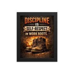 Discipline is self respect in work boots framed print on a plain backdrop in size 8"x10".