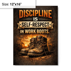 Discipline is self respect in work boots metal print on a plain backdrop in size 12"x16".