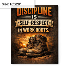 Discipline is self respect in work boots metal print on a plain backdrop in size 16"x20".