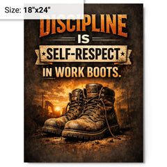 Discipline is self respect in work boots metal print on a plain backdrop in size 18"x24".