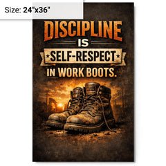 Discipline is self respect in work boots metal print on a plain backdrop in size 24"x36".