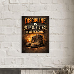 Discipline is self respect in work boots metal print mockup