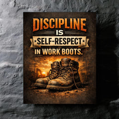 Discipline is self respect in work boots metal print mockup