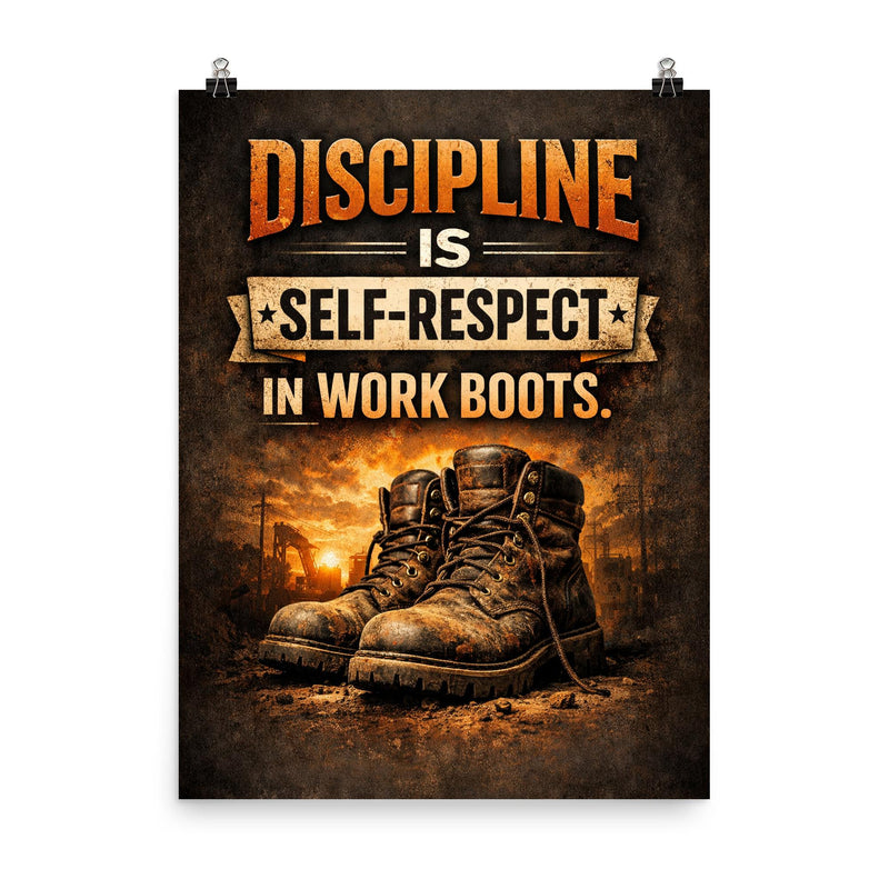 Discipline is self respect in work boots poster on a plain backdrop in size 8