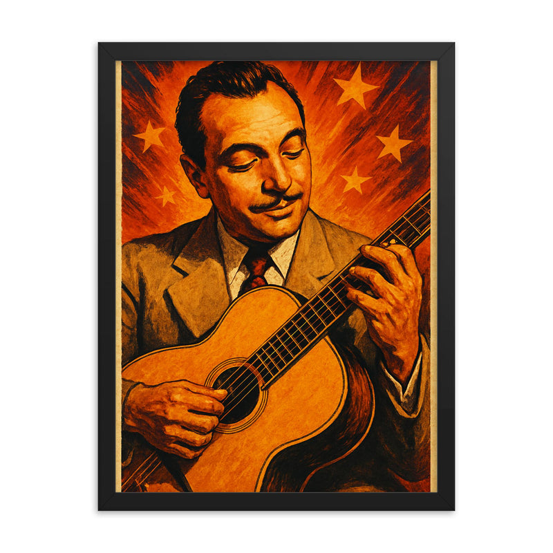 Django Reinhardt framed print on a plain backdrop in size 18