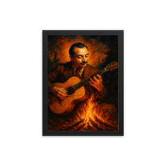 Django Reinhardt gypsy firelight guitar framed print on a plain backdrop in size 12"x16".