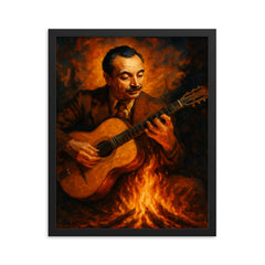 Django Reinhardt gypsy firelight guitar framed print on a plain backdrop in size 16"x20".