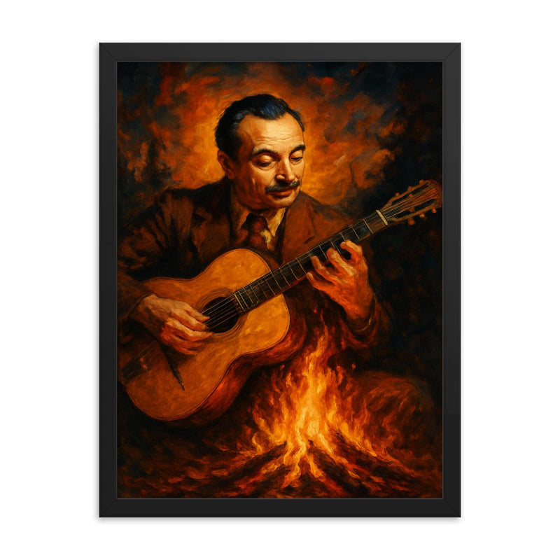 Django Reinhardt gypsy firelight guitar framed print on a plain backdrop in size 18