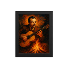 Django Reinhardt gypsy firelight guitar framed print on a plain backdrop in size 8"x10".