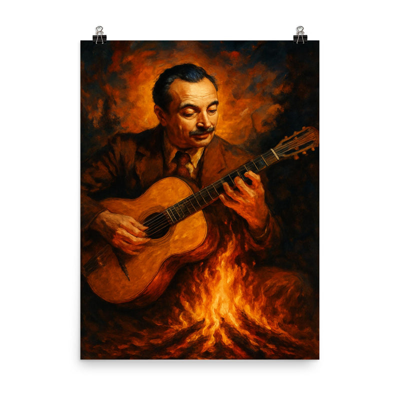 Django Reinhardt gypsy firelight guitar poster on a plain backdrop in size 8