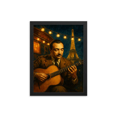 Django Reinhardt under Paris caravan lights framed print on a plain backdrop in size 12"x16".