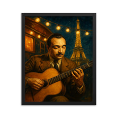 Django Reinhardt under Paris caravan lights framed print on a plain backdrop in size 16"x20".