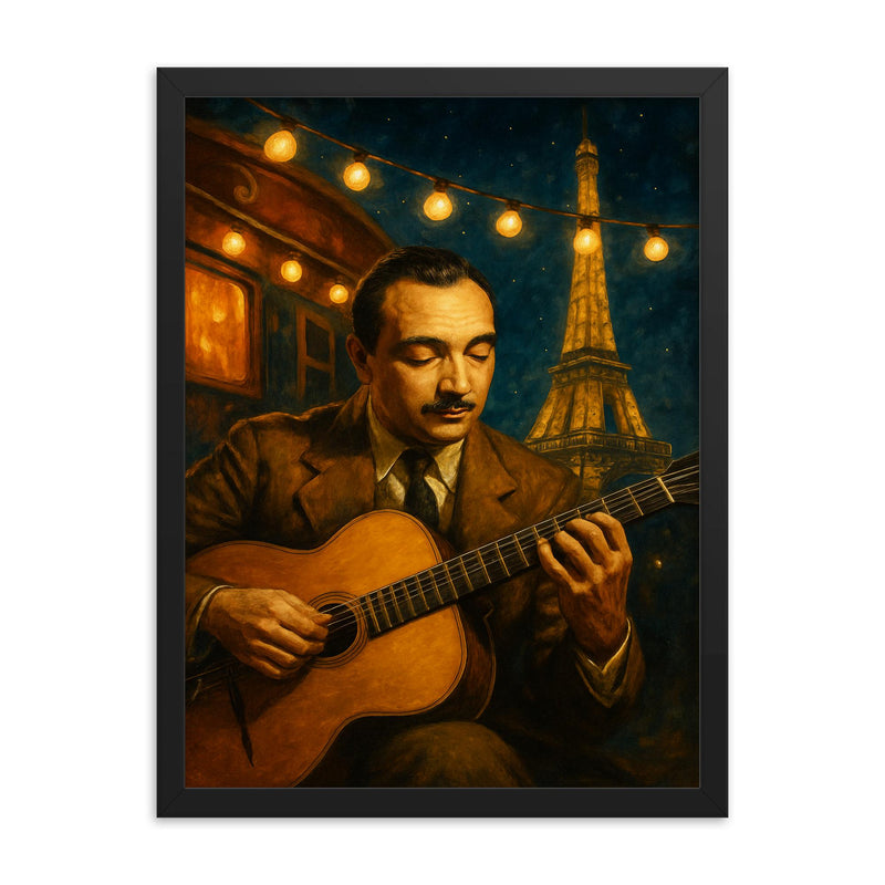 Django Reinhardt under Paris caravan lights framed print on a plain backdrop in size 18