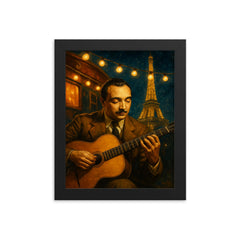 Django Reinhardt under Paris caravan lights framed print on a plain backdrop in size 8"x10".