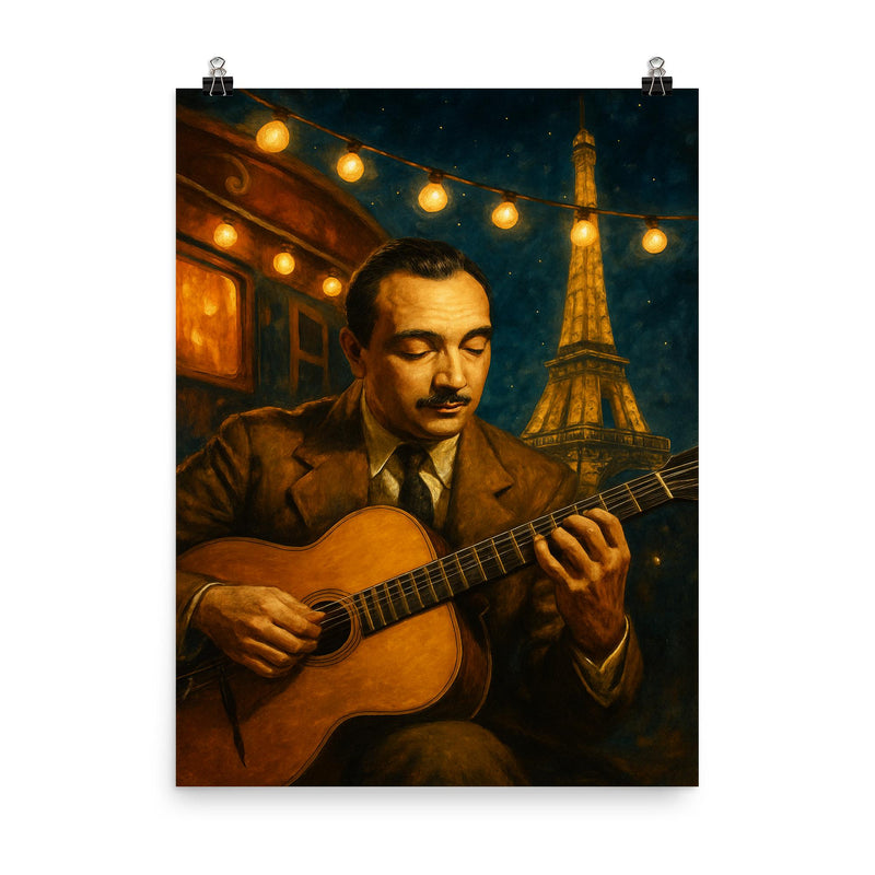 Django Reinhardt under Paris caravan lights poster on a plain backdrop in size 8