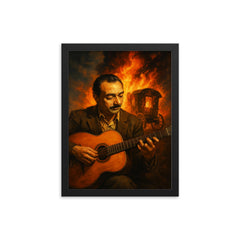 Django Reinhardt with caravan fire and guitar framed print on a plain backdrop in size 12"x16".