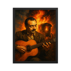 Django Reinhardt with caravan fire and guitar framed print on a plain backdrop in size 16"x20".