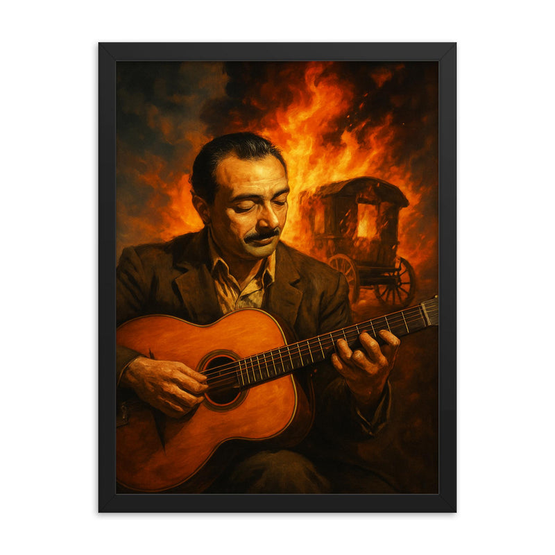 Django Reinhardt with caravan fire and guitar framed print on a plain backdrop in size 18