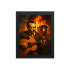 Django Reinhardt with caravan fire and guitar framed print on a plain backdrop in size 8"x10".