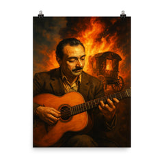 Django Reinhardt with caravan fire and guitar poster on a plain backdrop in size 8"x10".